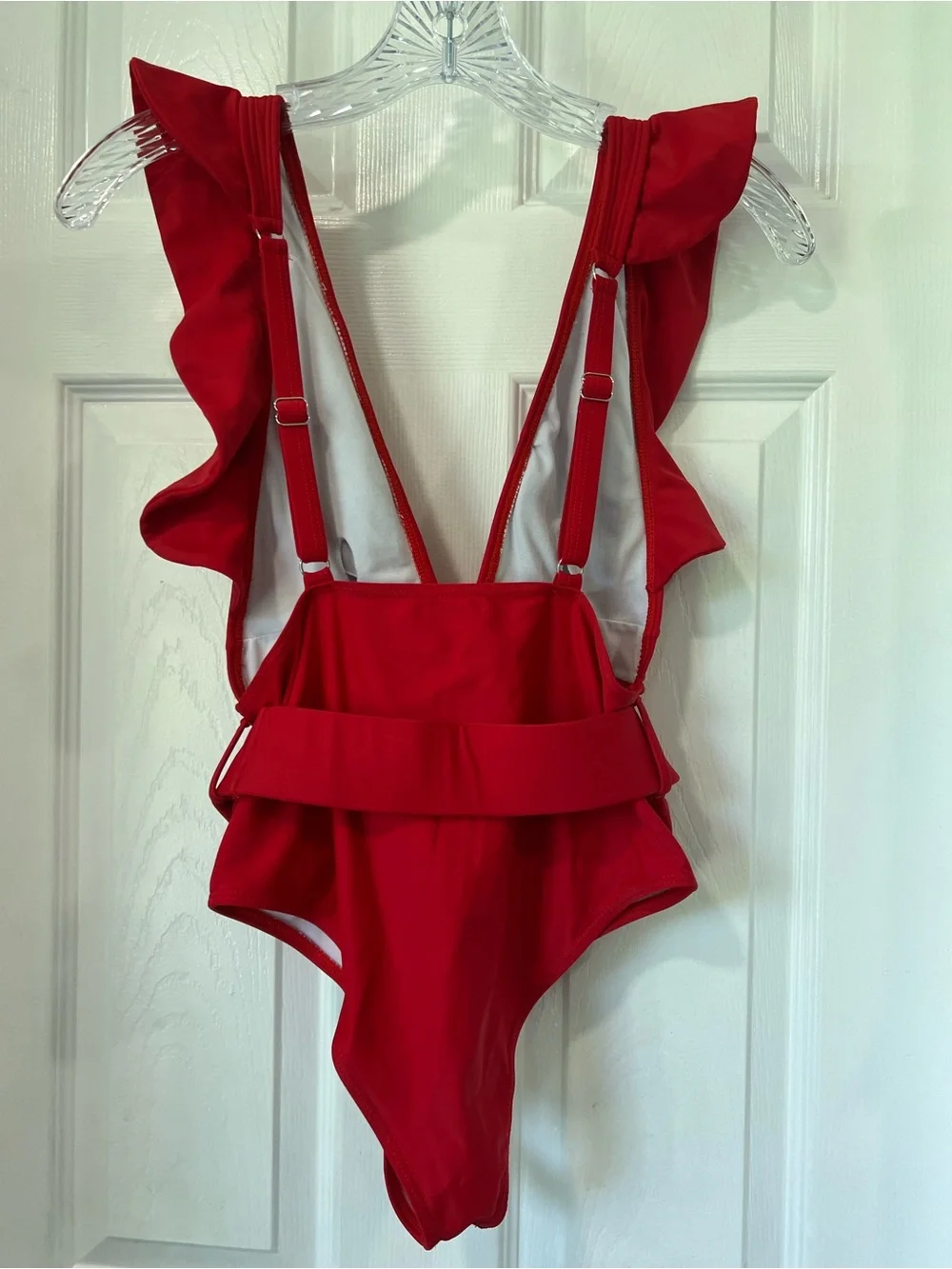 Women's  Original Red Ruffle One-Piece Swimsuit with Belt - Picture 2 of 5